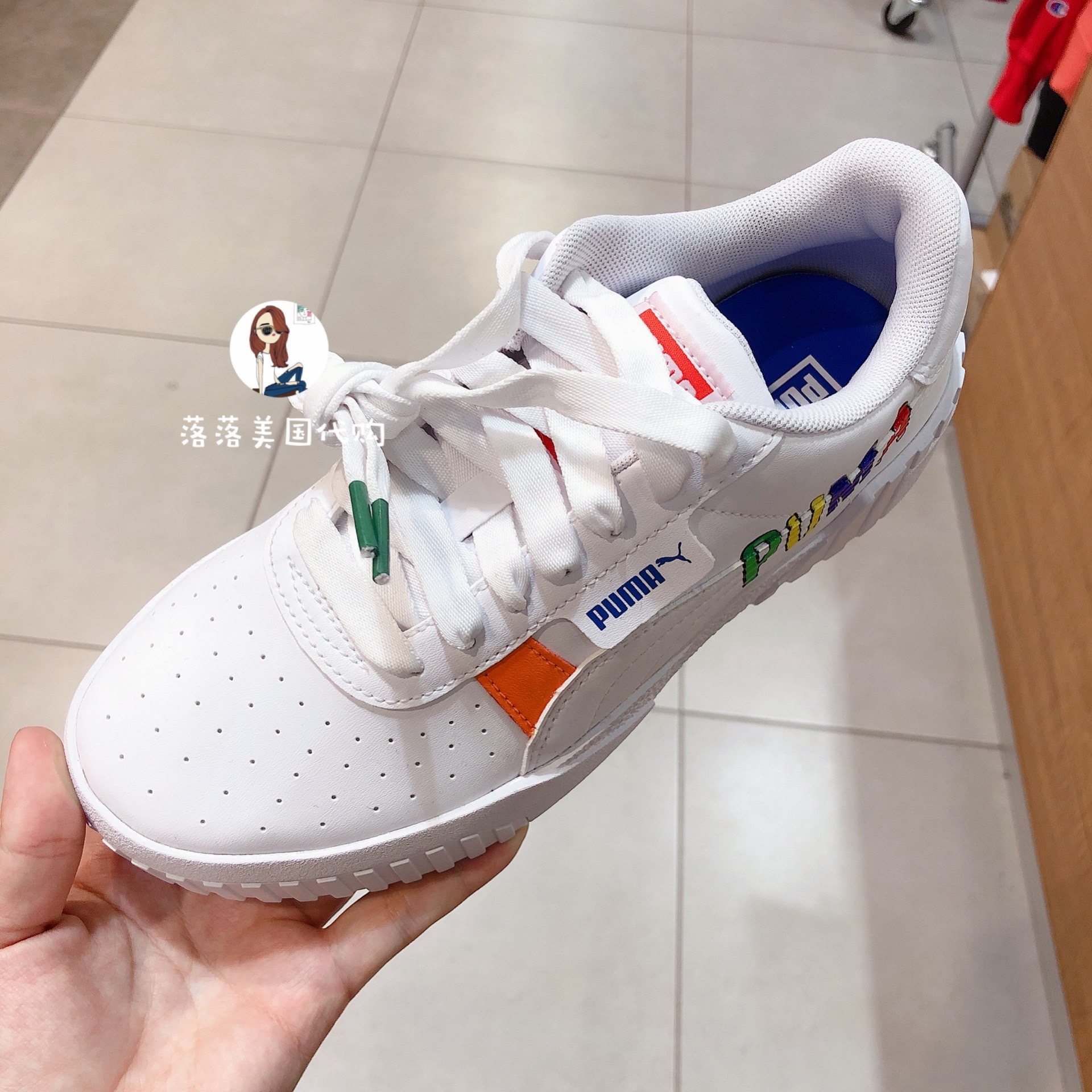 落落美国代购 puma cali 彪马 红黄蓝绿 涂鸦字母logo彩色 小白鞋