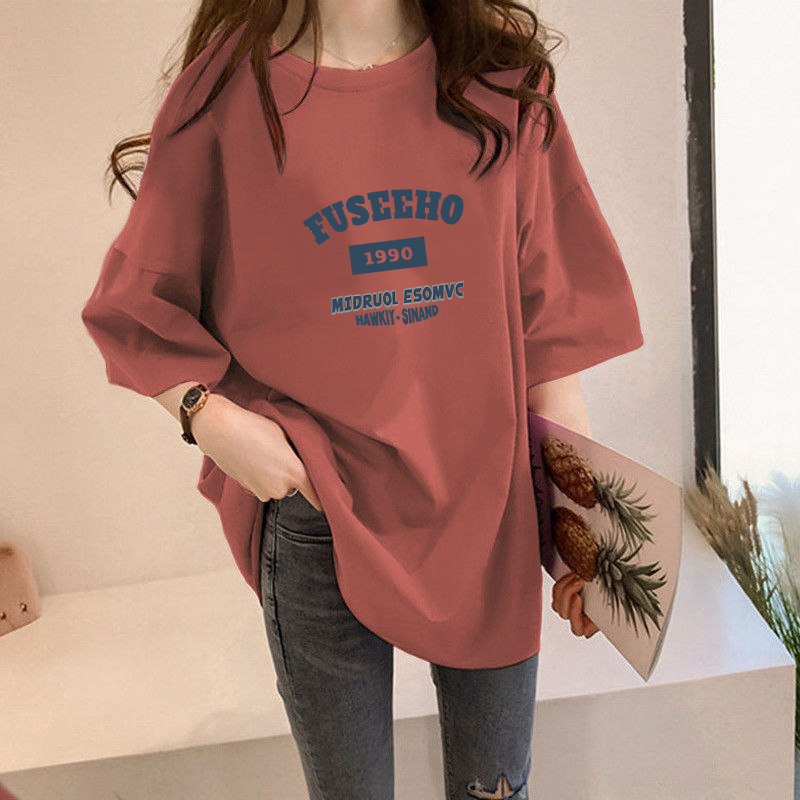 ins短袖t恤女宽松大bf风2022夏季韩版个性字母中长款下衣失踪上衣