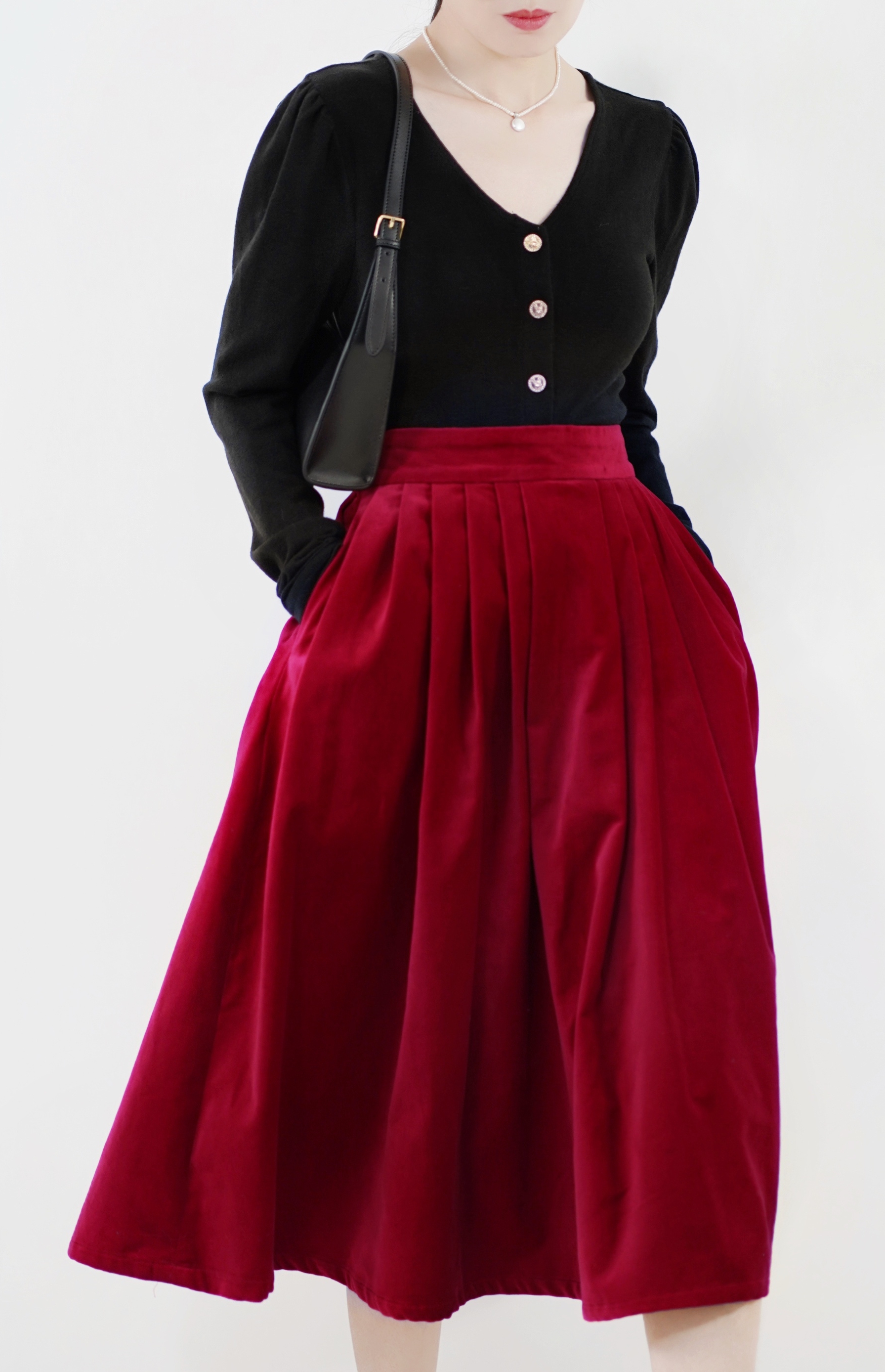 文亚棉丝绒暗红红裙子新品伞裙高腰百褶中长气质半身裙