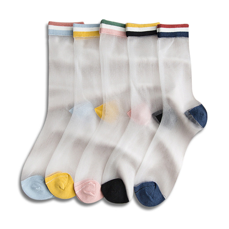 玻璃丝女袜子春夏超薄透气彩色条杠防晒防勾丝中筒袜日系原宿学生
