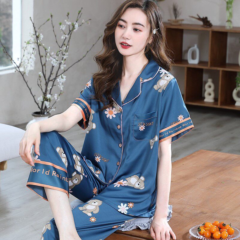 睡衣女夏天士2022新款短袖长裤韩版丝绸家居服睡衣