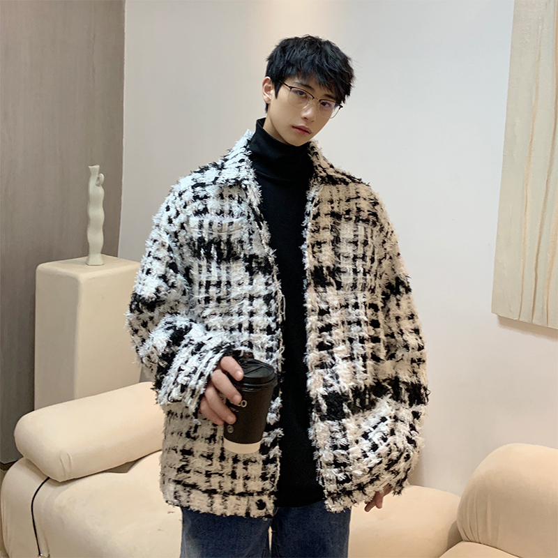 冷淡风男装高级感春秋韩风chic外套小香风粗花呢大衣男夹克衬衫潮