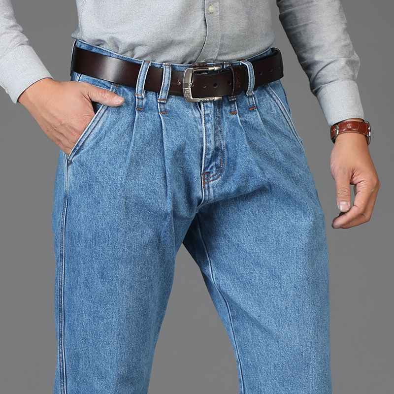 经典男士牛仔长裤萝卜裤中年小脚裤宽松高腰锥形双褶中老年春秋款