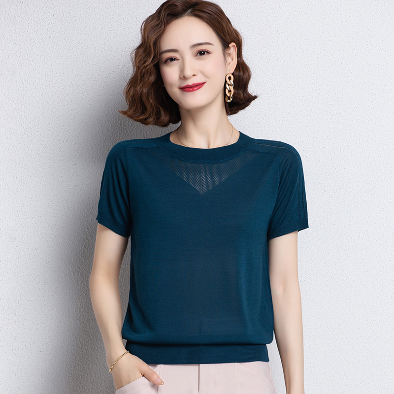 桑蚕蚕丝短袖恤女夏装新款薄款冰丝针织衫宽松t恤