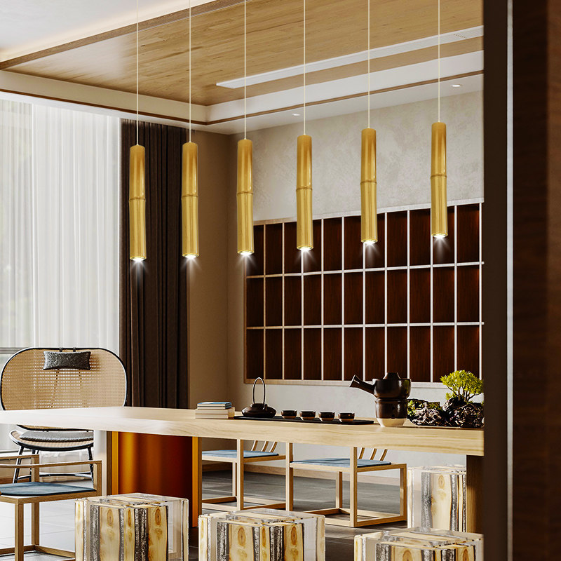 新中式木艺竹子吧台圆柱竹艺复式酒店射灯简约酒店