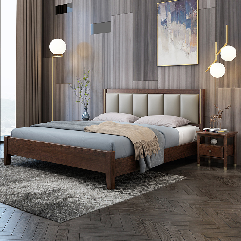 胡桃木卧室风格简约北欧轻奢双人床1.8米木床实木实木床