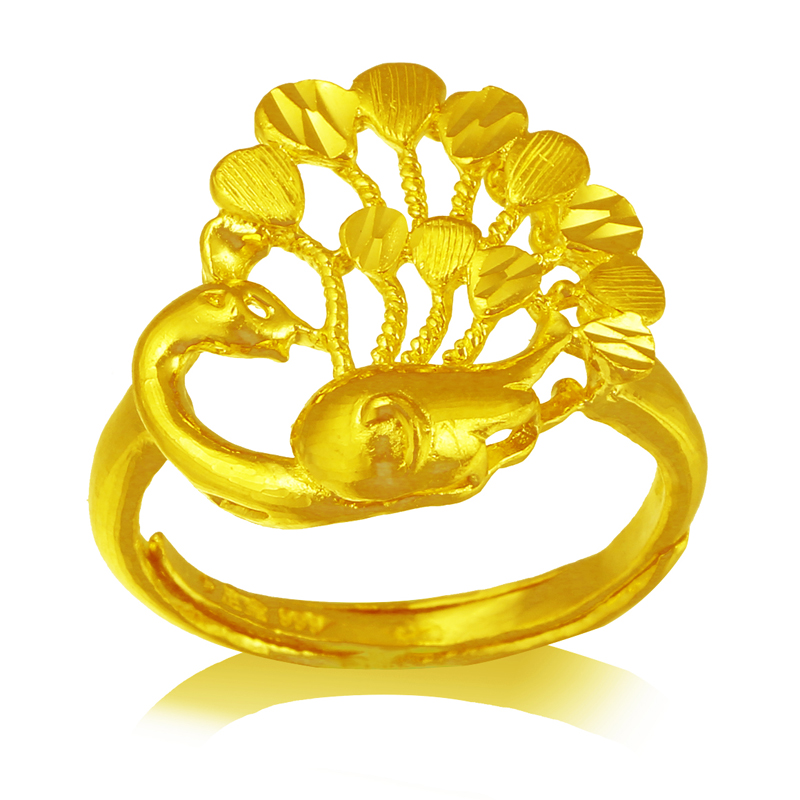 正品黄金戒指9999足金女款孔雀指环凤尾豪华手饰