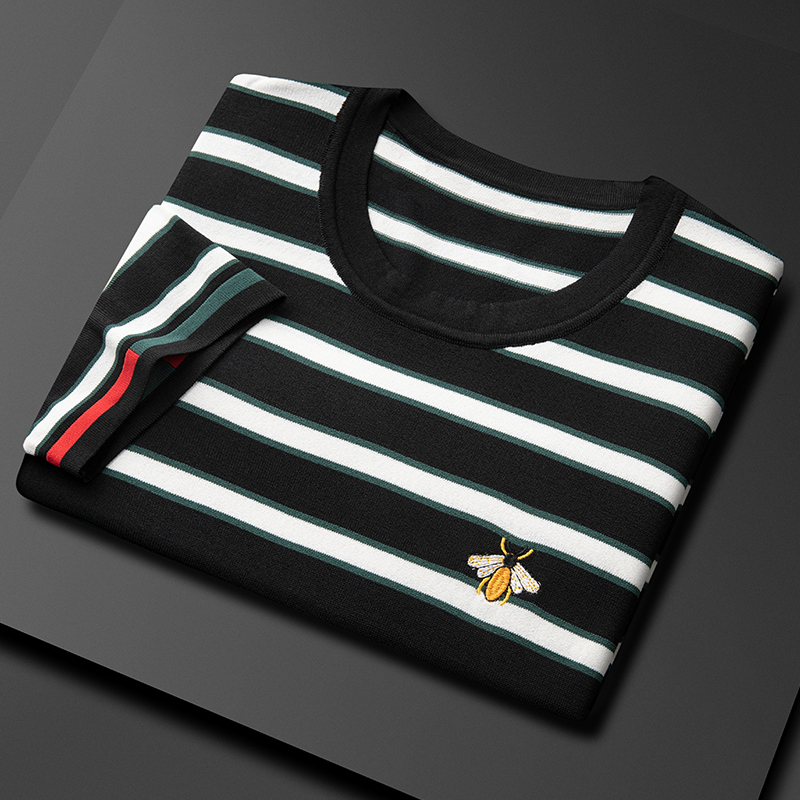 短袖t恤男黑白条纹潮流刺绣冰丝夏季薄款圆领半袖体恤打底衫新款