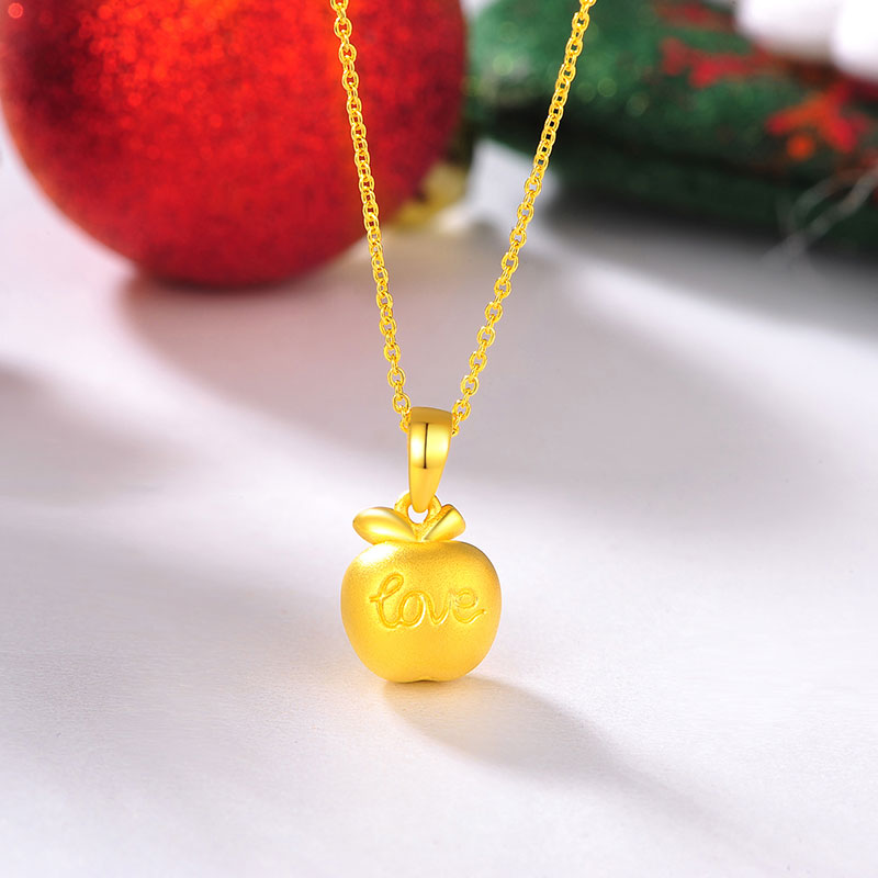 黄金项链女 999足金小苹果黄金吊坠3d硬金爱心挂坠送女友圣诞礼物