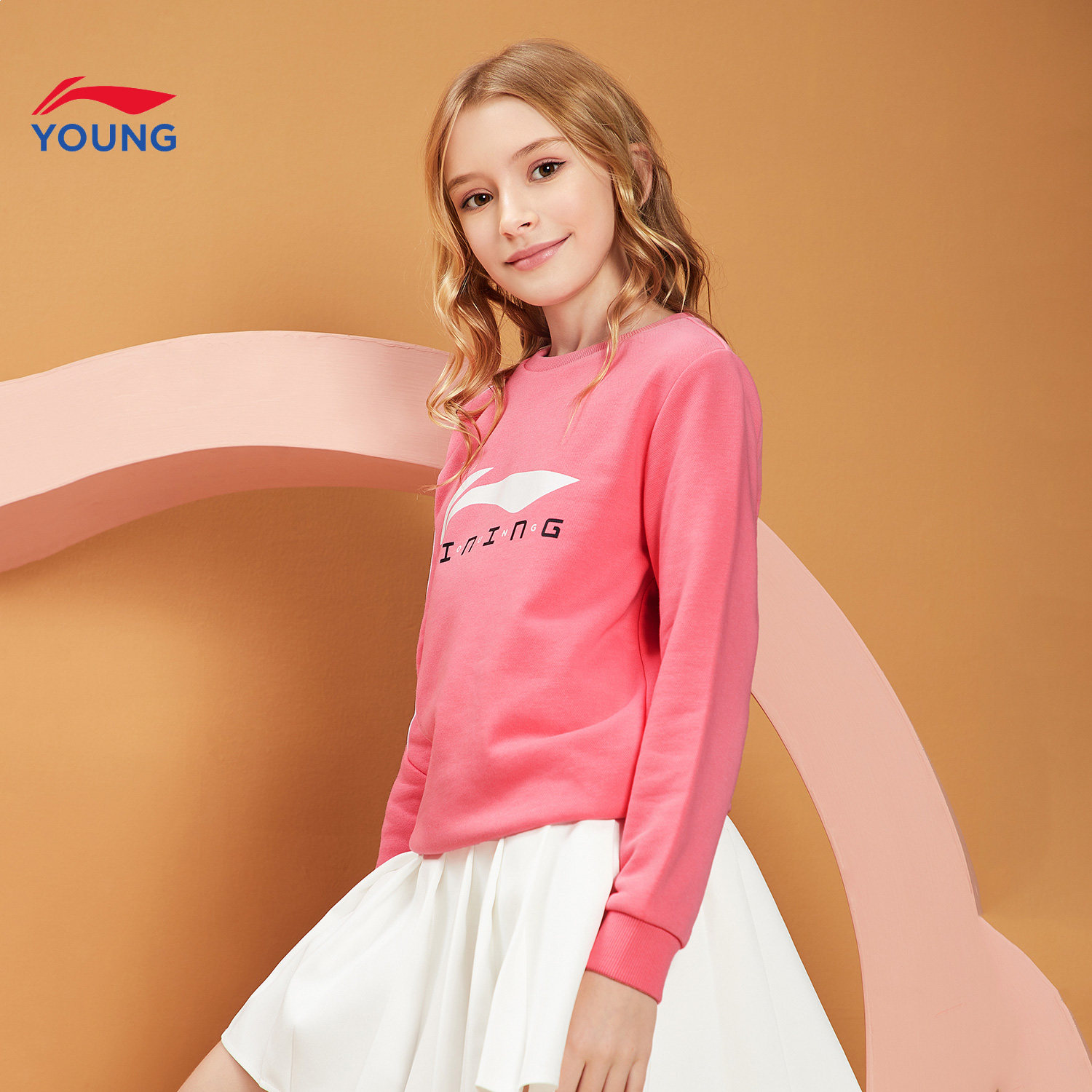 李宁童装新年款卫衣女小大童新款套头圆领卫衣休闲针织运动服