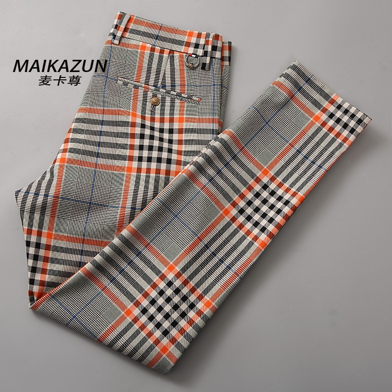 麦卡尊休闲格子裤男2021春秋时尚桔色英伦格子男裤潮流修身小脚裤