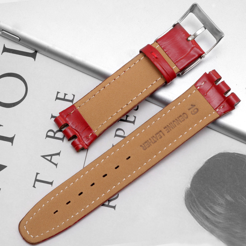 表带真皮手表适用斯沃琪swatch时尚男女19mm棕白红色配件
