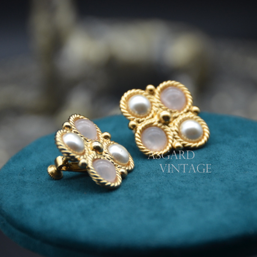 napier浅粉琉璃珍珠菱形金色耳夹vintage古董首饰耳夹