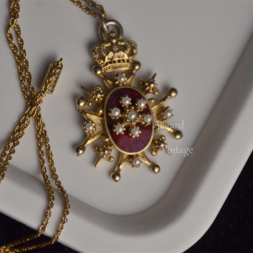 coroart1928中世纪珐琅骑士珍珠十字徽章胸针胸针