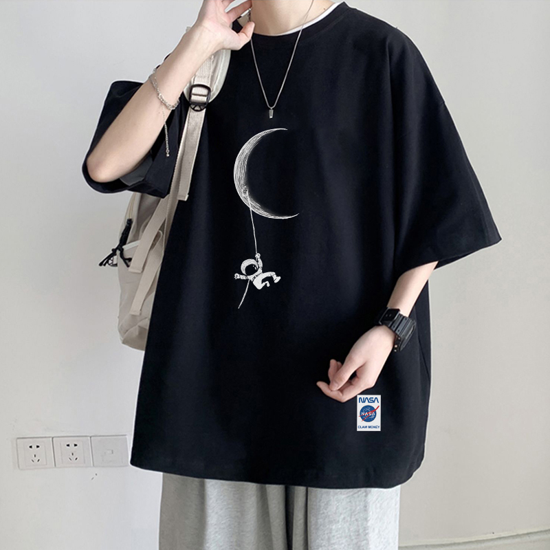 oversize港味短袖T恤男夏季小领口盐系五分半袖时尚大码休闲中袖