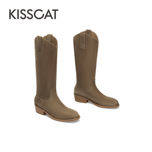 KISSCAT接吻猫秋季新款堆堆靴时尚粗跟长靴牛绒皮革V口时装靴女