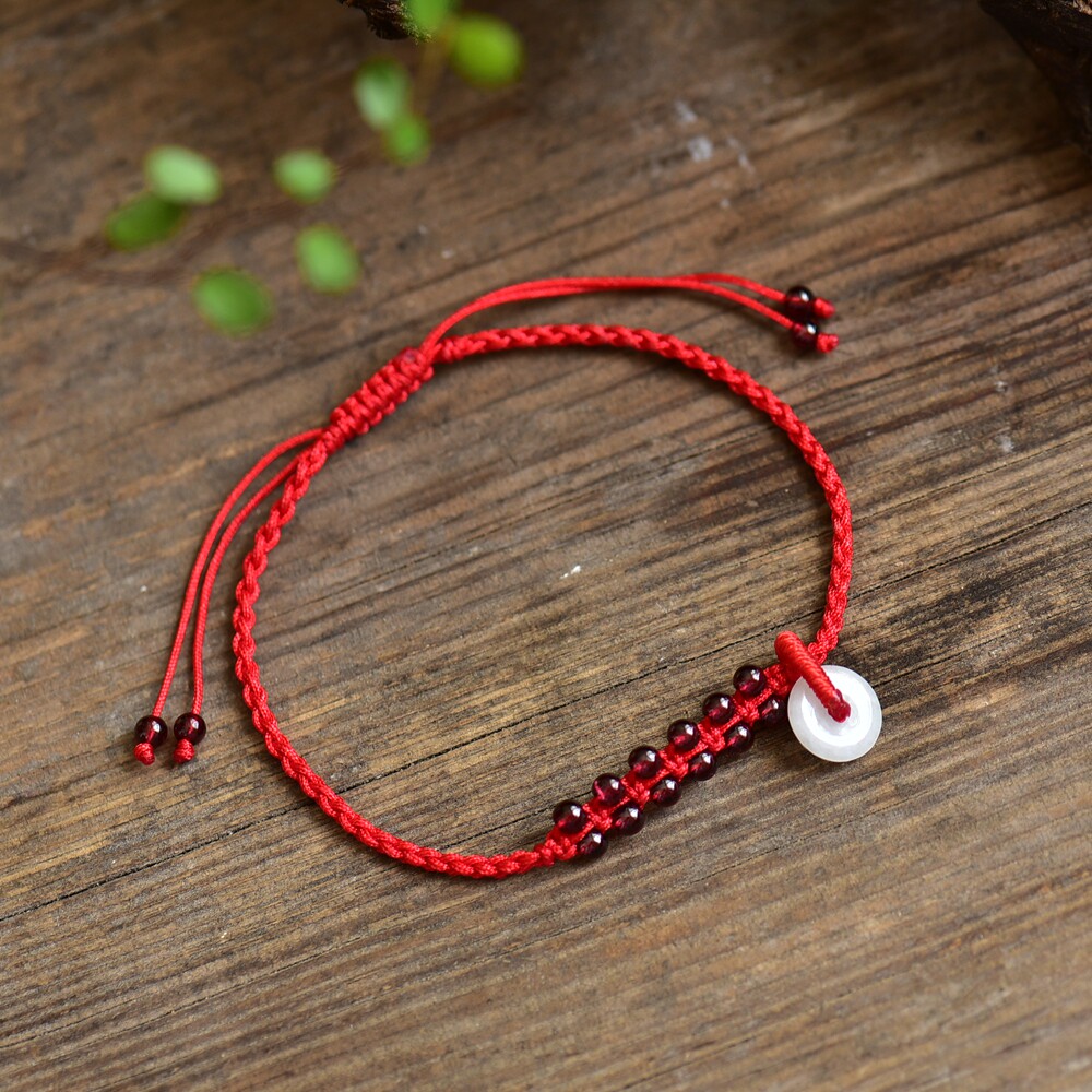 天然6a级酒红石榴石红绳脚链手链翡翠玉平安扣红脚绳手绳本命年女