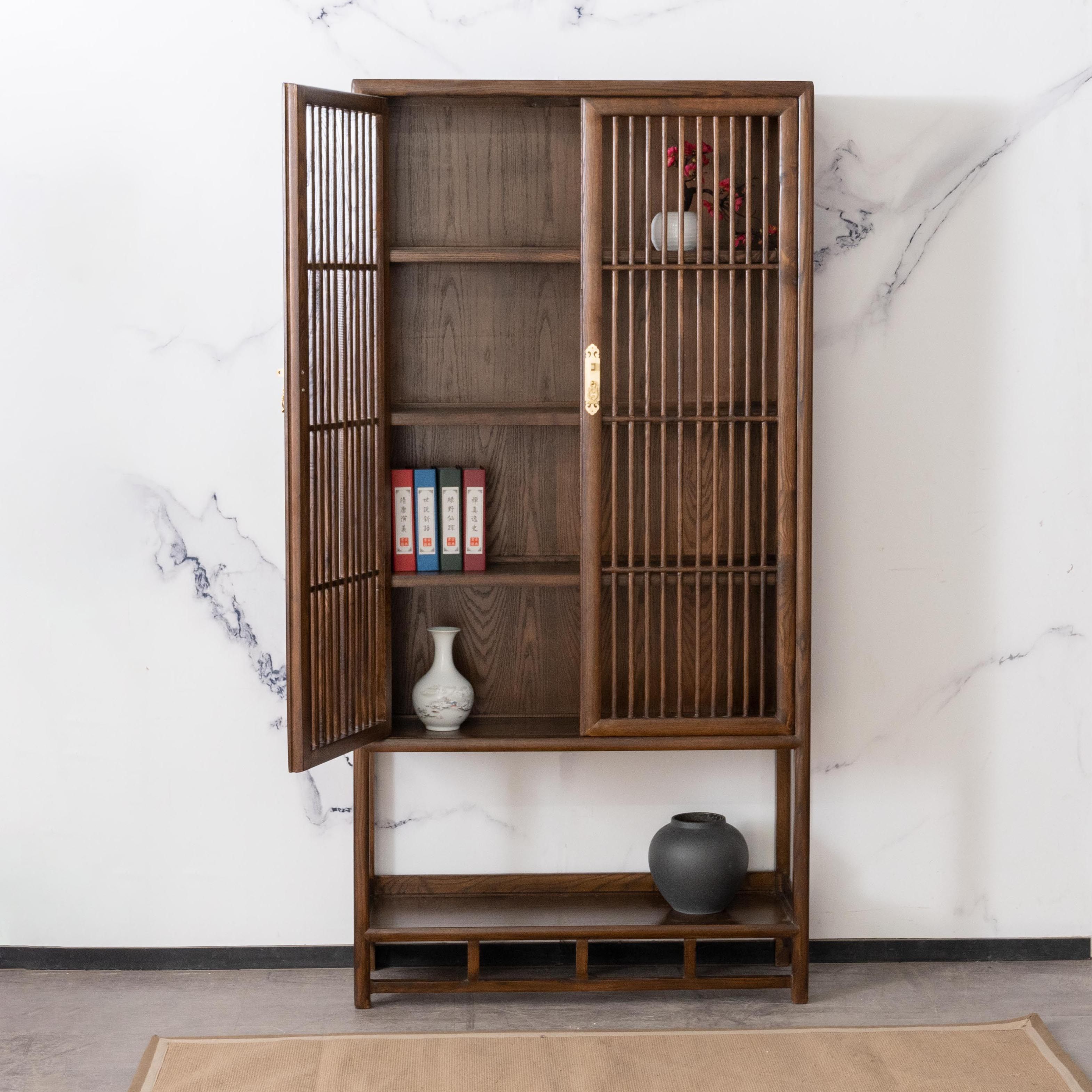 新中式禅意书柜胡桃木展示柜实木古典客厅储物柜茶室单个书柜
