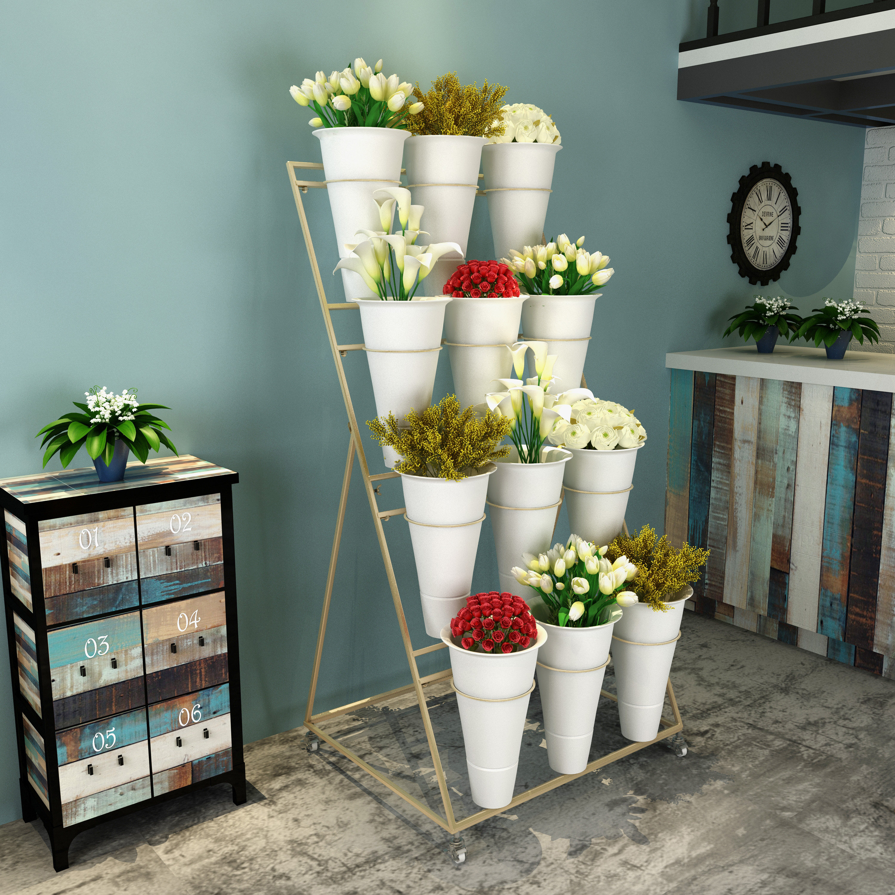 恒延北欧金色大号花店花架可移动铁艺多层鲜花展示架塑料花桶架子