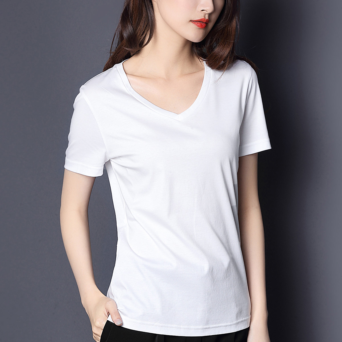 skyintl新款2020早春纯色百搭打底夏纯棉短袖丝光棉白色t恤女上衣