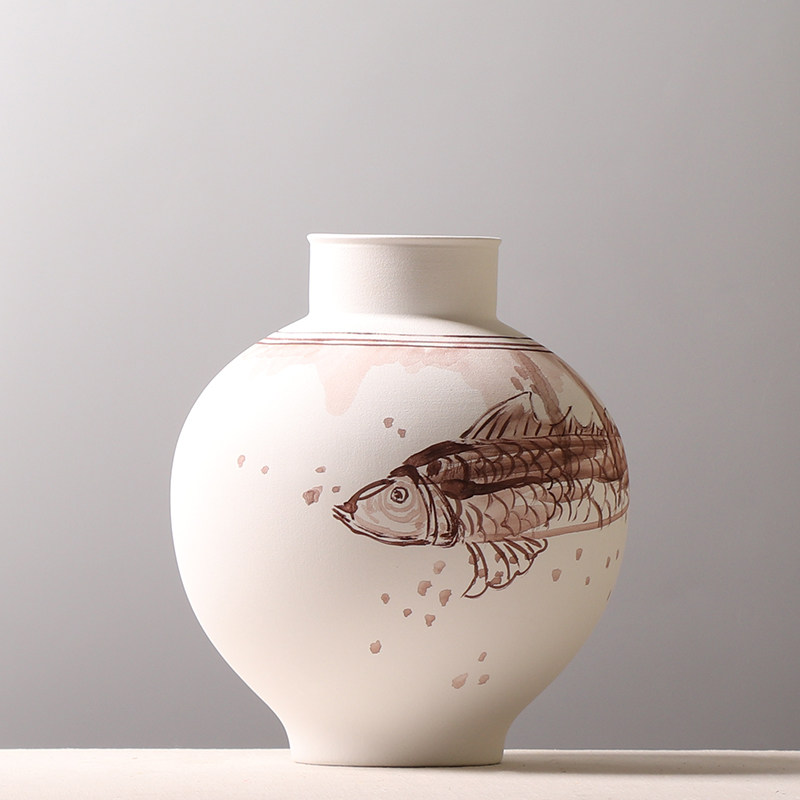 现代陶瓷大罐手绘水墨锦鲤创意花瓶插花书剑花瓶