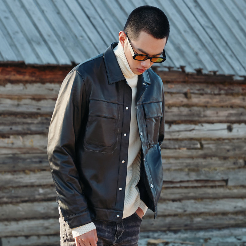 黑色休闲卡宾男装皮衣外套2020秋冬新款潮流夹克
