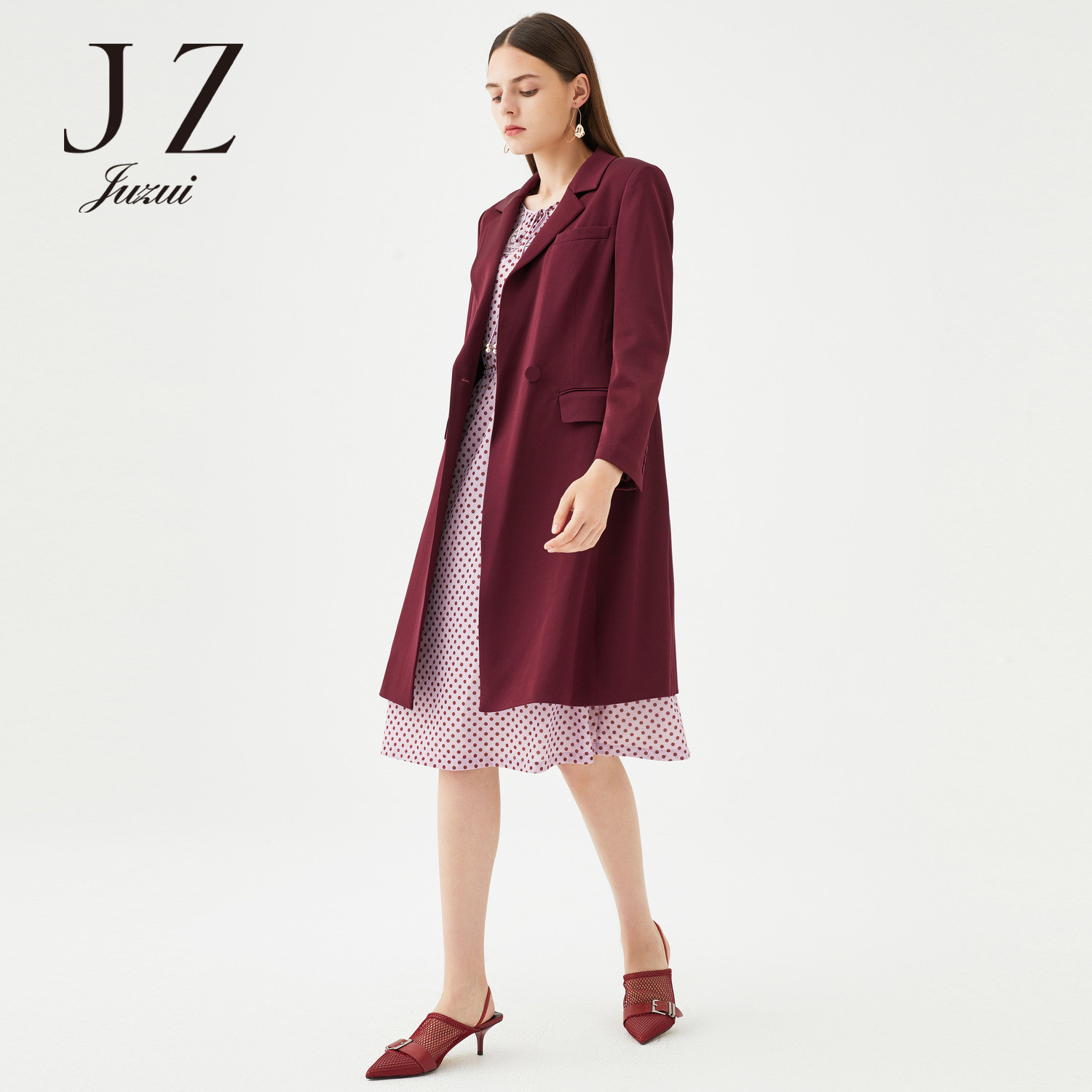 juzui玖姿官方奥莱店春秋装新款红色气质腰带风衣