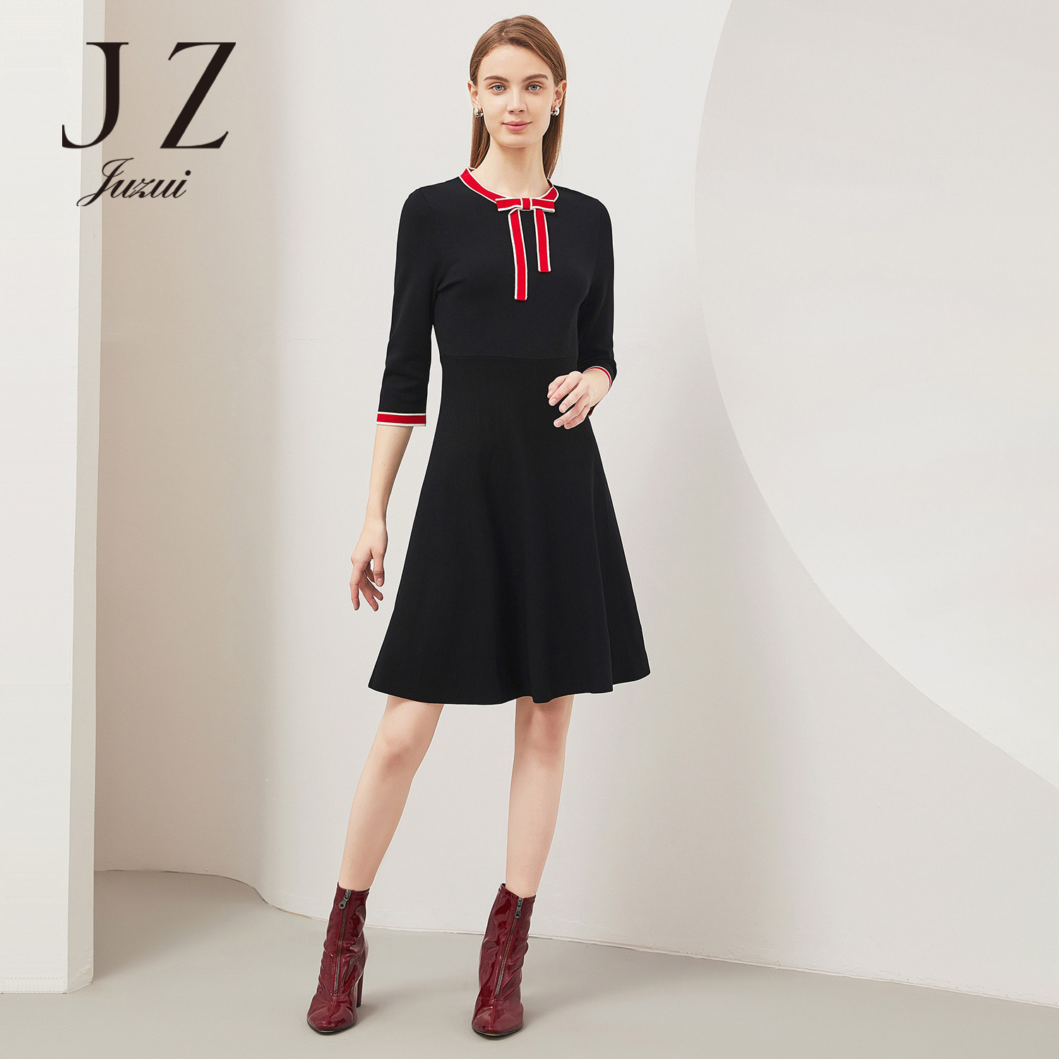 juzui针织袖直筒七分拼接条纹撞色蝴蝶结春季品牌女装毛针织衫