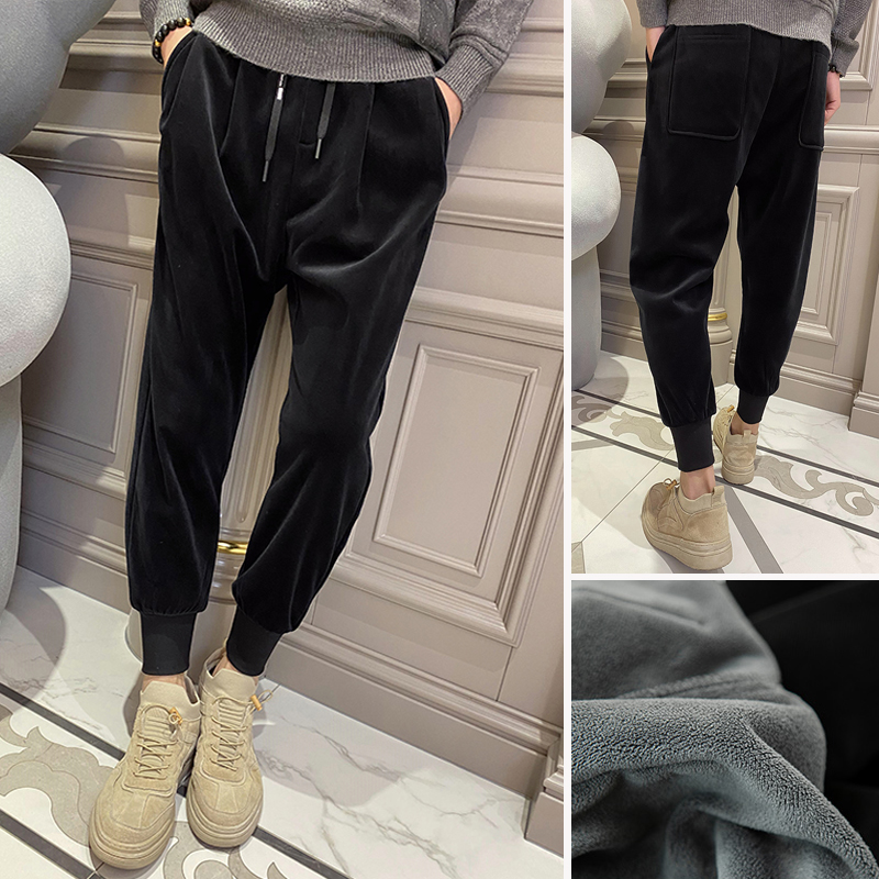 男士金丝绒裤子秋冬季2021新款潮牌加绒加厚哈伦卫裤束脚休闲长裤