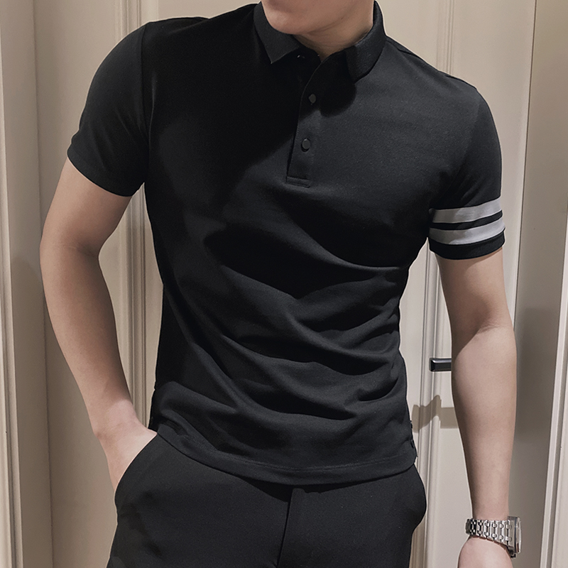 男士高端短袖t恤夏季修身体恤上衣服潮流条纹冰丝有领POLO衫潮牌