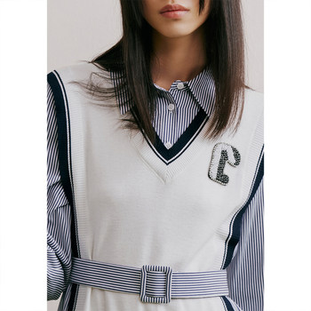 Psalm Exclusive Spring College Style Belted Waist Knitted Patchwork Striped Shirt Style Dress