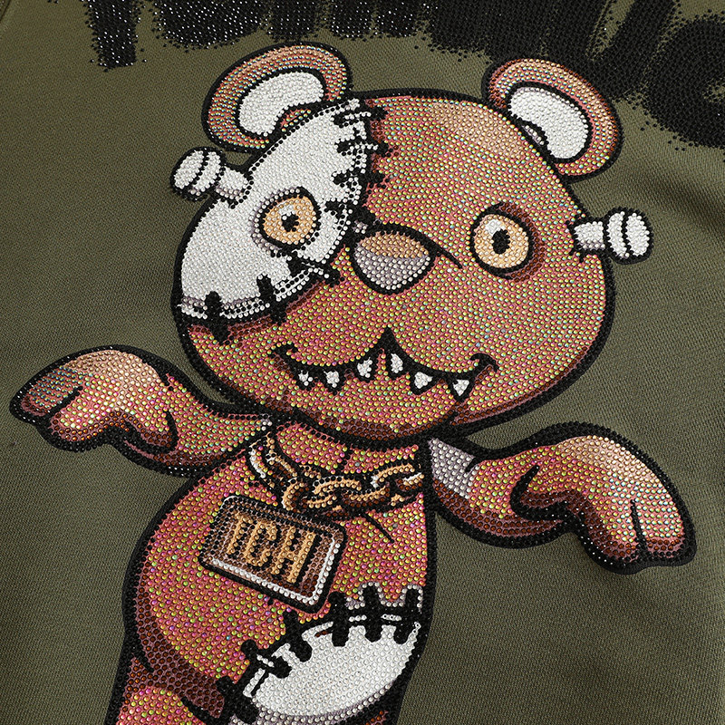 tch轻奢潮牌补丁熊烫钻绿色帽衫t213126046卫衣