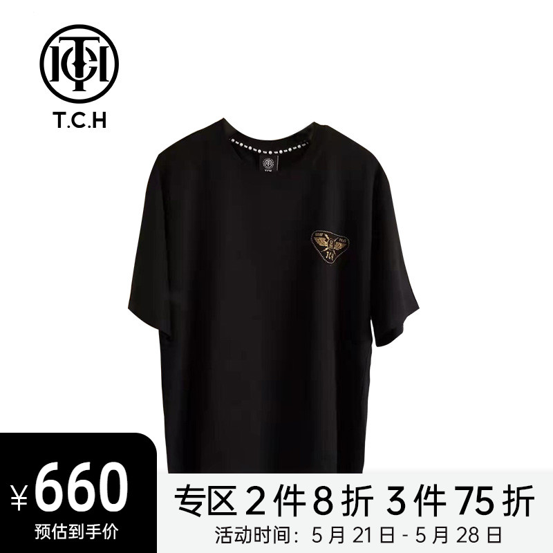 TCH潮牌新款烫金钻翅膀黑色T恤男女同款T213106062