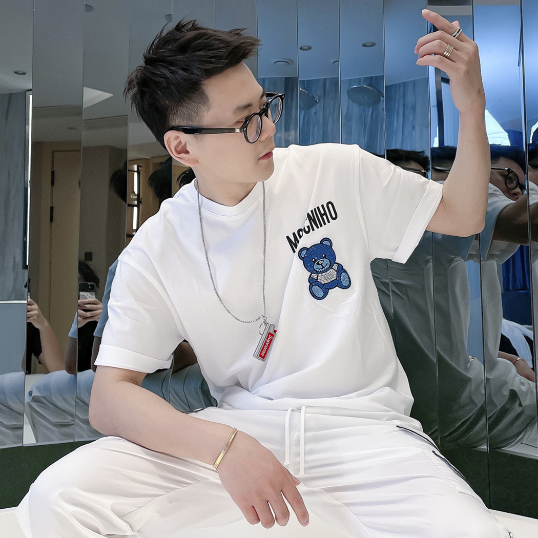 Y先生2022夏季宽松烫钻小熊短袖t恤男ins港风潮牌纯棉体恤半袖