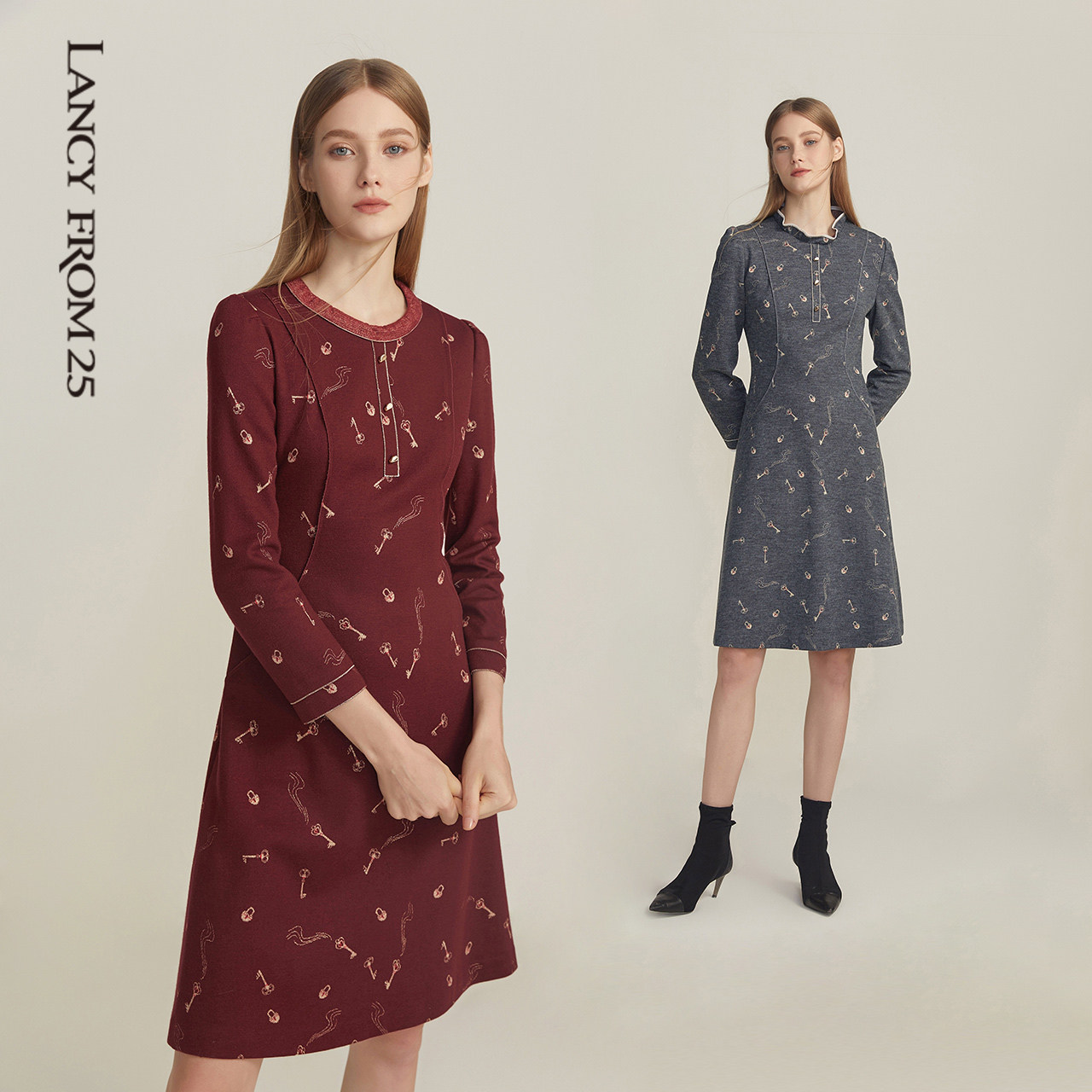 商场同款朗姿2020冬季中长连衣裙收腰显瘦气质连衣裙