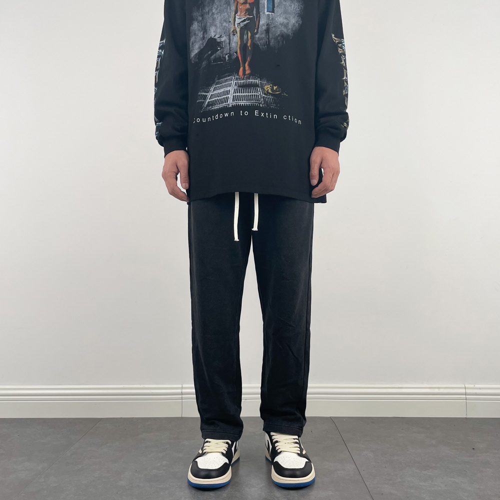 夏季薄款高街复古灰裤子男侃爷垂坠感直筒裤休闲卫裤宽松运动潮牌