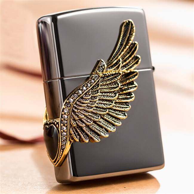 新打火机zippo正版爱神之翼zppo原装正品男士刻字zpoo黑冰送男友