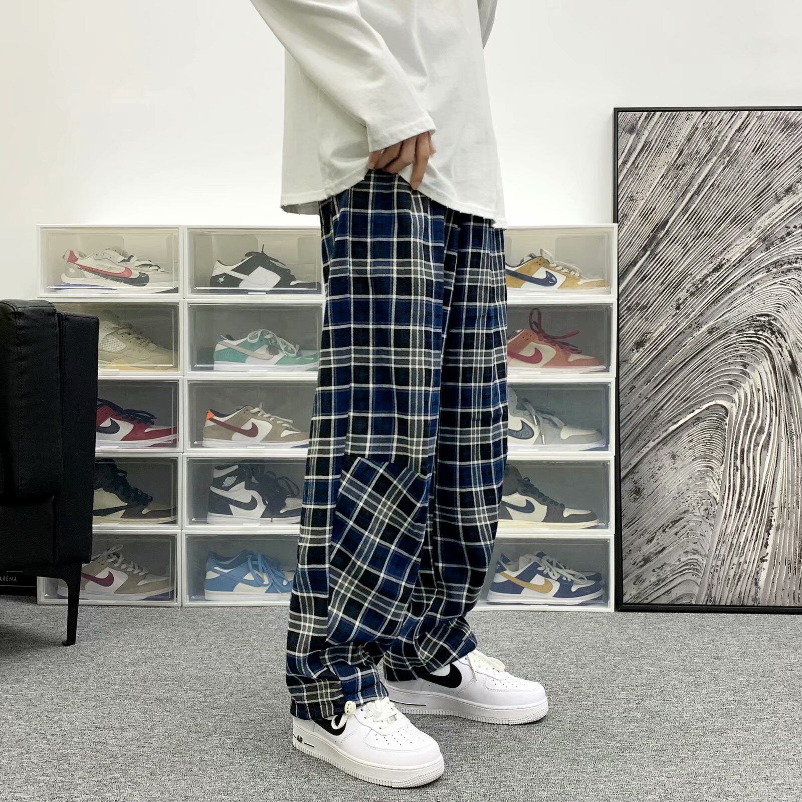 日系格子工装裤男直筒宽松阔腿hiphop原创创高街休闲裤