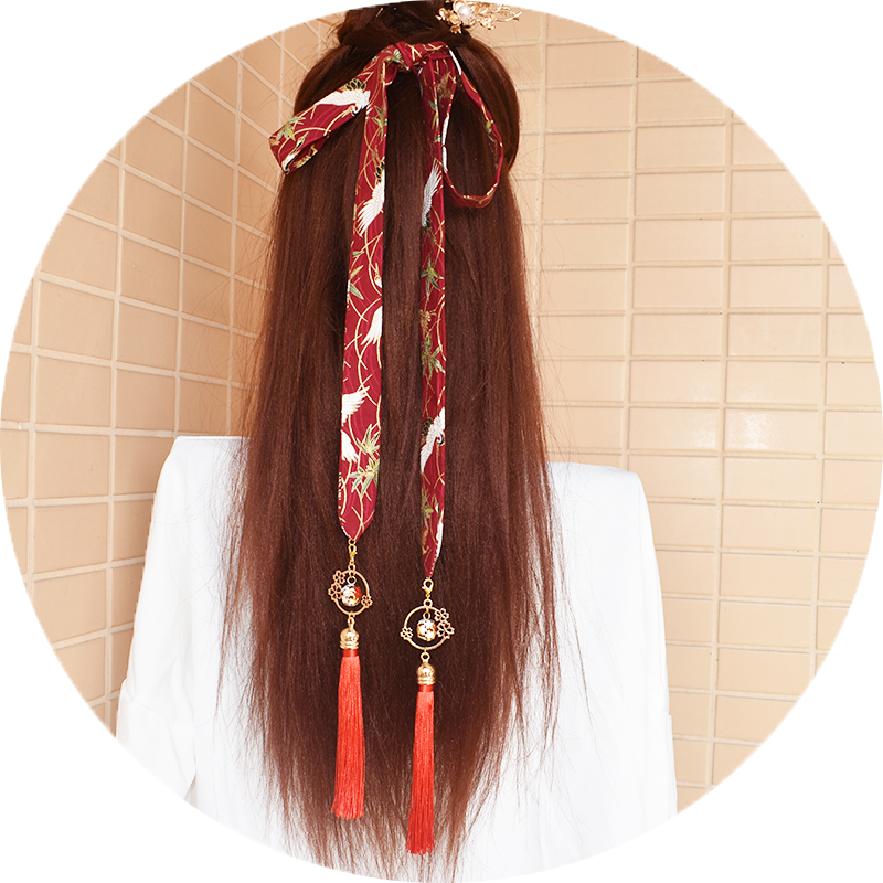 汉服流苏苏发男女抹额头绳仙鹤丝带可拆卸超长发饰