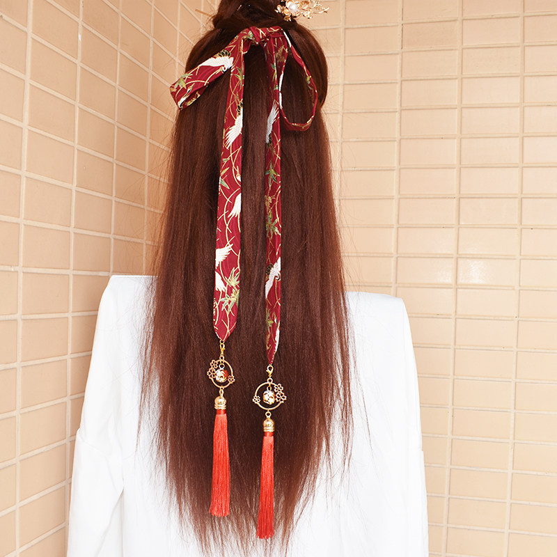古风发绳丝带飘丝头绳束发古装铃铛红色超长发饰