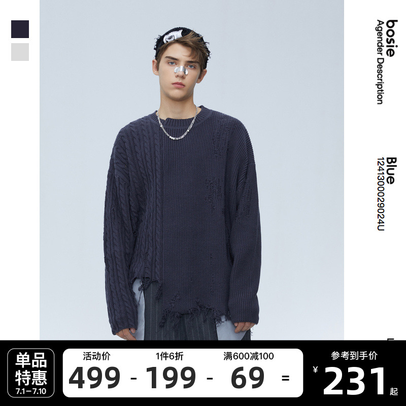 bosie 2022春季新款个性舒适针织衫破坏感毛边设计感圆领毛衣