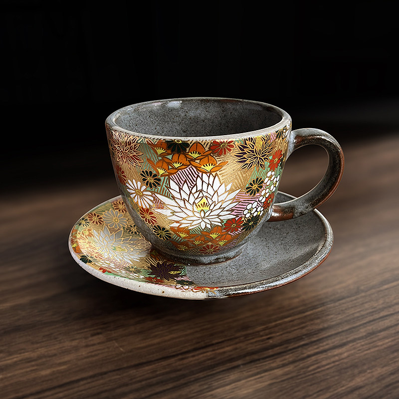 日本进口九谷烧花诘手绘复古托盘套装咖啡杯日式茶杯