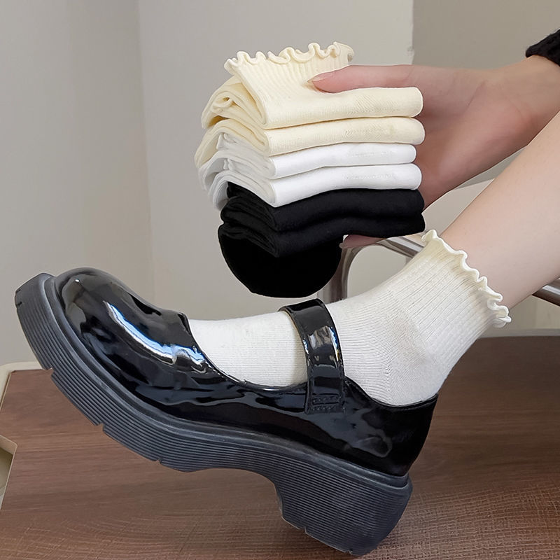 白色木耳耳边袜子女春夏季中筒黑白花边袜配皮鞋短袜