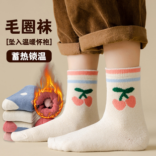 女童袜子冬款毛圈袜儿童秋冬季加绒学生中筒袜女孩宝宝可爱毛巾袜