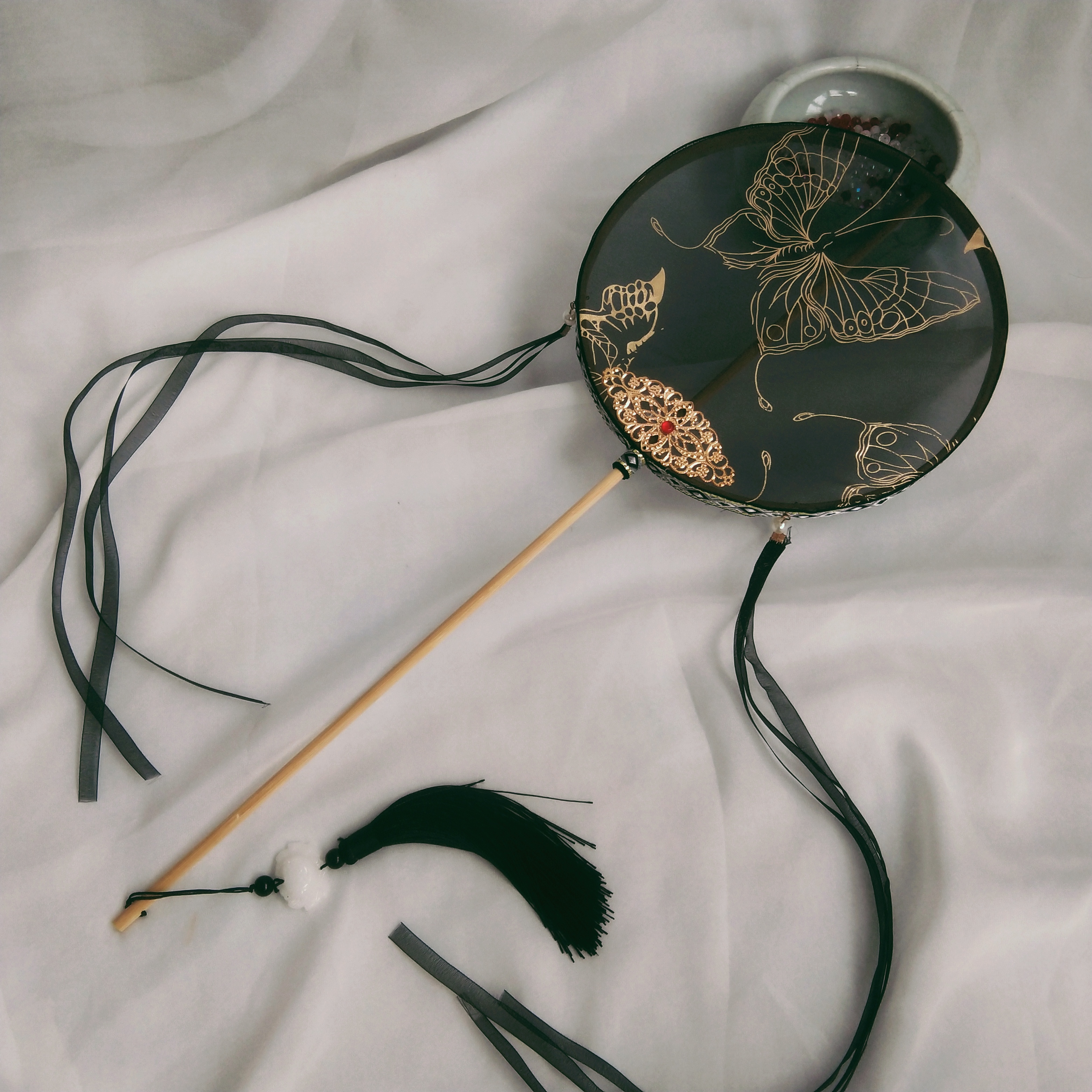 长柄团扇破云扇流苏汉服扇子宫扇古风成品材料包婚扇演出舞蹈