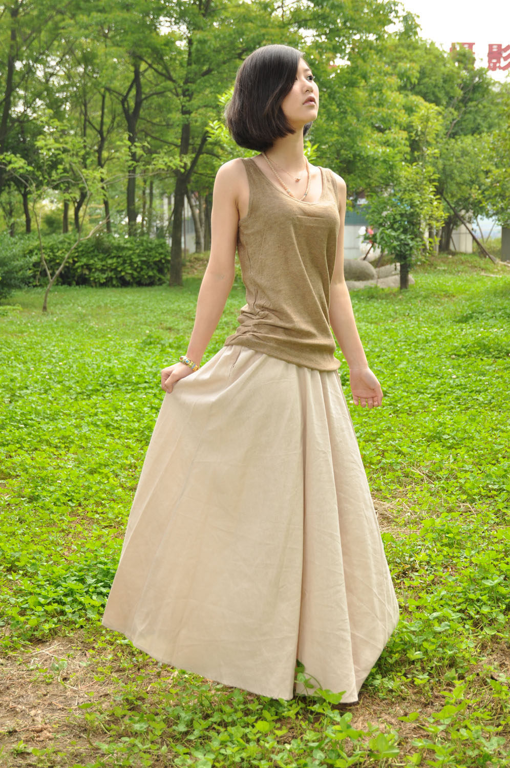 春季原创百搭女装半裙 民族风文艺长裙 棉麻半身裙米色亚麻荷叶裙