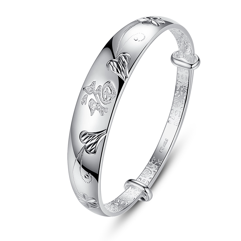 花纹节日女友妈妈镯子9999品足纹福心正银实手镯