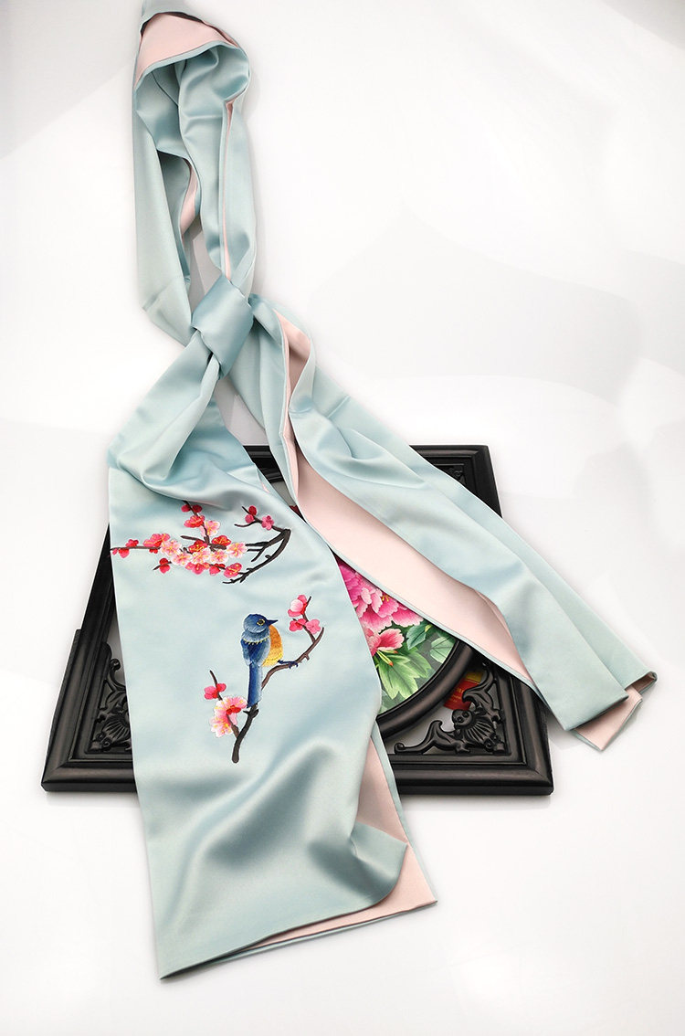 紫金湘绣双层真丝刺绣长围巾手工绣花桑蚕蚕丝刺绣