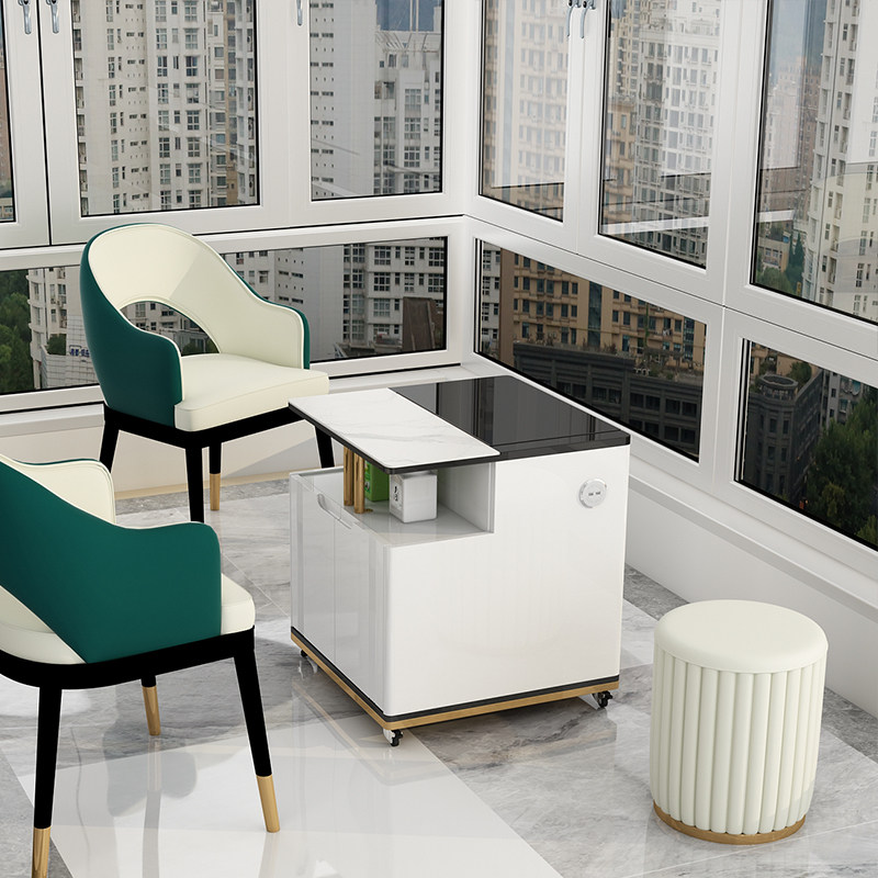 轻奢阳台小茶台方形岩板升降功夫茶桌椅组合多功能茶几