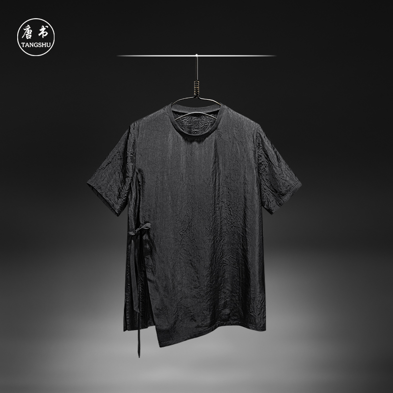 唐书原创设计 夏季醋酸T恤男中国风系带缎面短袖上衣100%醋酯纤维